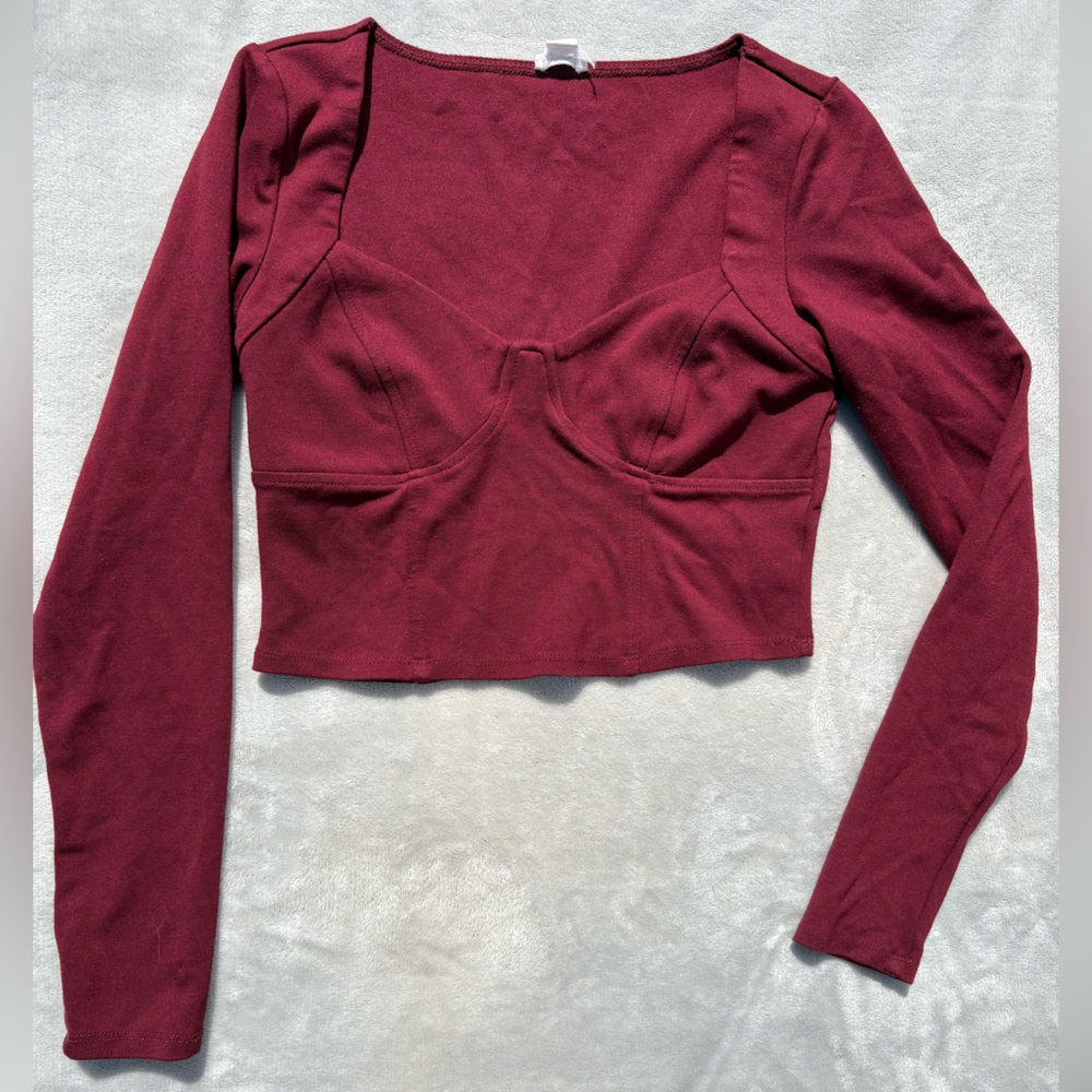 Garage Burgundy Long Sleeve Corset Top - Bustier Seam Detail - Size Small
